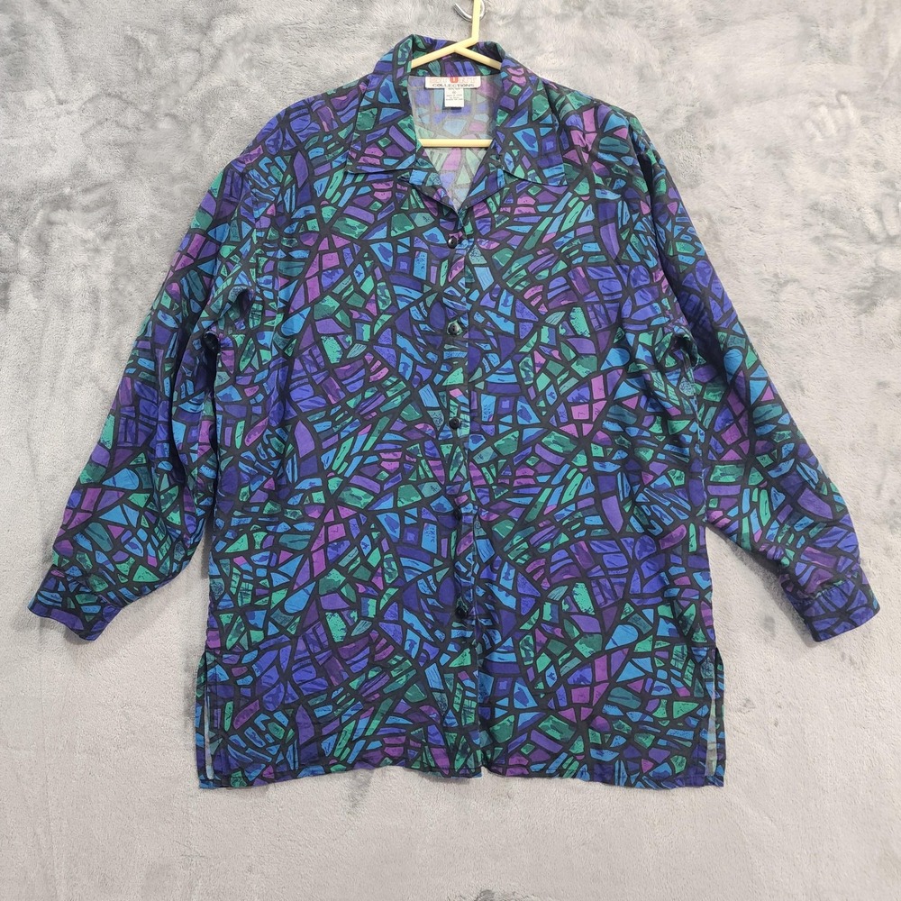 Vintage Stunt Collections Womens‎ M Multicolor Silk Geometric Button Long Sleeve